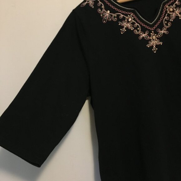 Vintage Black Bohemian Tee With Stitchwork and Beadwork - Picture 4 of 14